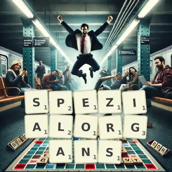 Kreative Illustration für ein Scrabble-Spiel, bei dem das Wort SPEZIALORGANS mit Steinen auf dem Brett gelegt wurde.