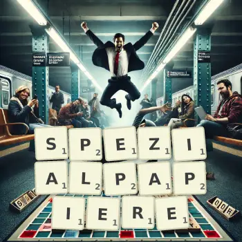 Kreative Illustration für ein Scrabble-Spiel, bei dem das Wort SPEZIALPAPIERE mit Steinen auf dem Brett gelegt wurde.