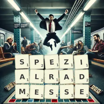 Kreative Illustration für ein Scrabble-Spiel, bei dem das Wort SPEZIALRADMESSE mit Steinen auf dem Brett gelegt wurde.