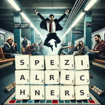Kreative Illustration für ein Scrabble-Spiel, bei dem das Wort SPEZIALRECHNERS mit Steinen auf dem Brett gelegt wurde.
