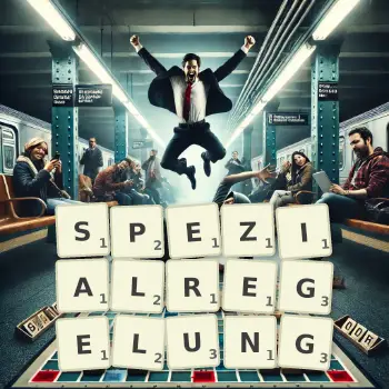 Kreative Illustration für ein Scrabble-Spiel, bei dem das Wort SPEZIALREGELUNG mit Steinen auf dem Brett gelegt wurde.