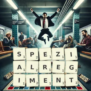 Kreative Illustration für ein Scrabble-Spiel, bei dem das Wort SPEZIALREGIMENT mit Steinen auf dem Brett gelegt wurde.
