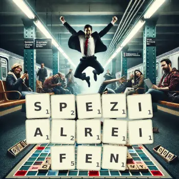 Kreative Illustration für ein Scrabble-Spiel, bei dem das Wort SPEZIALREIFEN mit Steinen auf dem Brett gelegt wurde.