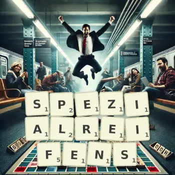 Kreative Illustration für ein Scrabble-Spiel, bei dem das Wort SPEZIALREIFENS mit Steinen auf dem Brett gelegt wurde.