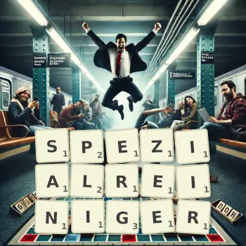 Kreative Illustration für ein Scrabble-Spiel, bei dem das Wort SPEZIALREINIGER mit Steinen auf dem Brett gelegt wurde.