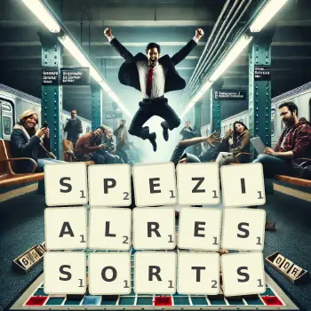 Kreative Illustration für ein Scrabble-Spiel, bei dem das Wort SPEZIALRESSORTS mit Steinen auf dem Brett gelegt wurde.