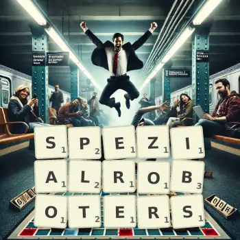 Kreative Illustration für ein Scrabble-Spiel, bei dem das Wort SPEZIALROBOTERS mit Steinen auf dem Brett gelegt wurde.