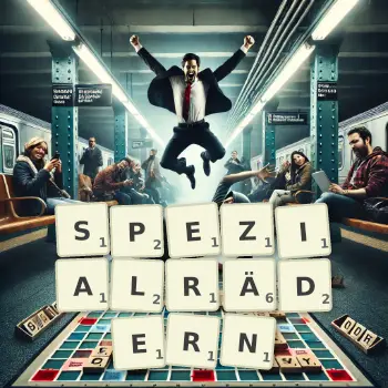 Kreative Illustration für ein Scrabble-Spiel, bei dem das Wort SPEZIALRÄDERN mit Steinen auf dem Brett gelegt wurde.
