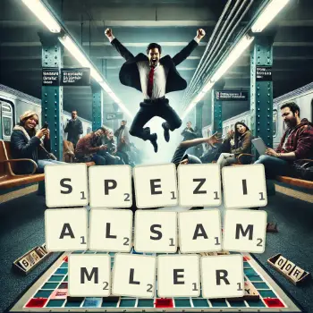 Kreative Illustration für ein Scrabble-Spiel, bei dem das Wort SPEZIALSAMMLER mit Steinen auf dem Brett gelegt wurde.