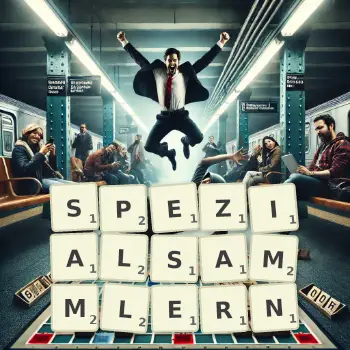 Kreative Illustration für ein Scrabble-Spiel, bei dem das Wort SPEZIALSAMMLERN mit Steinen auf dem Brett gelegt wurde.