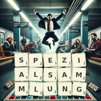 Kreative Illustration für ein Scrabble-Spiel, bei dem das Wort SPEZIALSAMMLUNG mit Steinen auf dem Brett gelegt wurde.