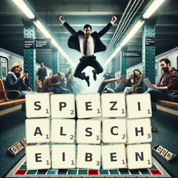 Kreative Illustration für ein Scrabble-Spiel, bei dem das Wort SPEZIALSCHEIBEN mit Steinen auf dem Brett gelegt wurde.