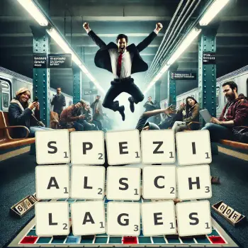 Kreative Illustration für ein Scrabble-Spiel, bei dem das Wort SPEZIALSCHLAGES mit Steinen auf dem Brett gelegt wurde.