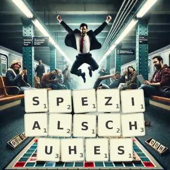 Kreative Illustration für ein Scrabble-Spiel, bei dem das Wort SPEZIALSCHUHES mit Steinen auf dem Brett gelegt wurde.