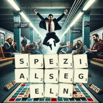 Kreative Illustration für ein Scrabble-Spiel, bei dem das Wort SPEZIALSEGELN mit Steinen auf dem Brett gelegt wurde.