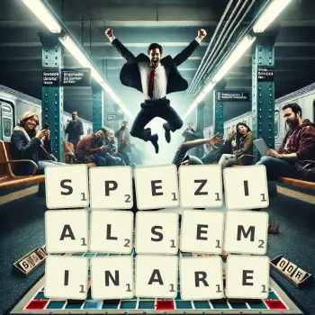 Kreative Illustration für ein Scrabble-Spiel, bei dem das Wort SPEZIALSEMINARE mit Steinen auf dem Brett gelegt wurde.