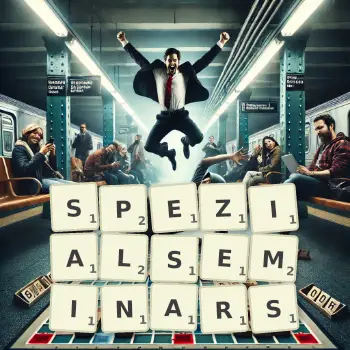 Kreative Illustration für ein Scrabble-Spiel, bei dem das Wort SPEZIALSEMINARS mit Steinen auf dem Brett gelegt wurde.