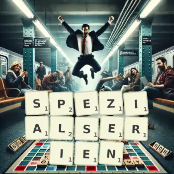 Kreative Illustration für ein Scrabble-Spiel, bei dem das Wort SPEZIALSERIEN mit Steinen auf dem Brett gelegt wurde.