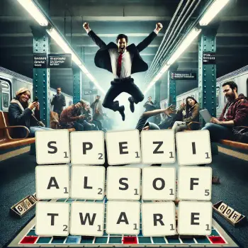 Kreative Illustration für ein Scrabble-Spiel, bei dem das Wort SPEZIALSOFTWARE mit Steinen auf dem Brett gelegt wurde.