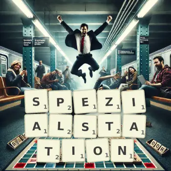 Kreative Illustration für ein Scrabble-Spiel, bei dem das Wort SPEZIALSTATION mit Steinen auf dem Brett gelegt wurde.