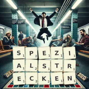 Kreative Illustration für ein Scrabble-Spiel, bei dem das Wort SPEZIALSTRECKEN mit Steinen auf dem Brett gelegt wurde.