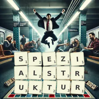 Kreative Illustration für ein Scrabble-Spiel, bei dem das Wort SPEZIALSTRUKTUR mit Steinen auf dem Brett gelegt wurde.