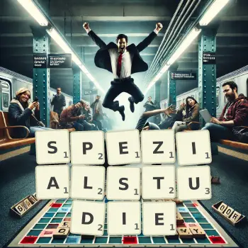 Kreative Illustration für ein Scrabble-Spiel, bei dem das Wort SPEZIALSTUDIE mit Steinen auf dem Brett gelegt wurde.