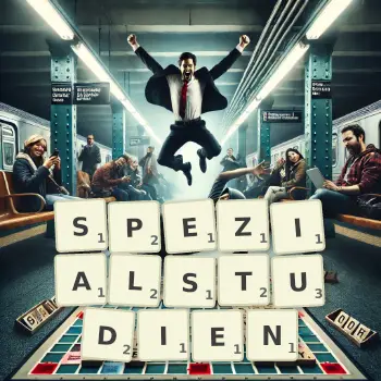 Kreative Illustration für ein Scrabble-Spiel, bei dem das Wort SPEZIALSTUDIEN mit Steinen auf dem Brett gelegt wurde.