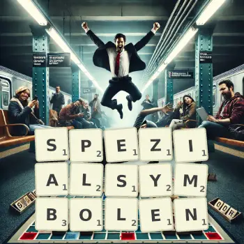 Kreative Illustration für ein Scrabble-Spiel, bei dem das Wort SPEZIALSYMBOLEN mit Steinen auf dem Brett gelegt wurde.