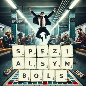 Kreative Illustration für ein Scrabble-Spiel, bei dem das Wort SPEZIALSYMBOLS mit Steinen auf dem Brett gelegt wurde.