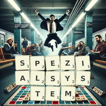 Kreative Illustration für ein Scrabble-Spiel, bei dem das Wort SPEZIALSYSTEM mit Steinen auf dem Brett gelegt wurde.