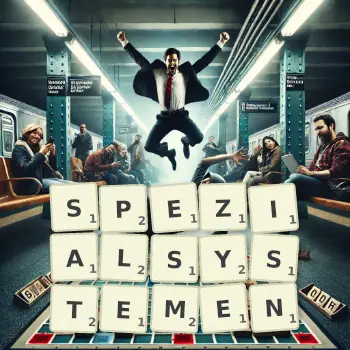 Kreative Illustration für ein Scrabble-Spiel, bei dem das Wort SPEZIALSYSTEMEN mit Steinen auf dem Brett gelegt wurde.
