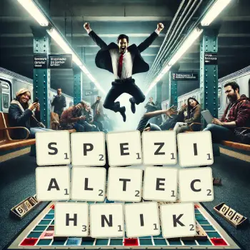 Kreative Illustration für ein Scrabble-Spiel, bei dem das Wort SPEZIALTECHNIK mit Steinen auf dem Brett gelegt wurde.