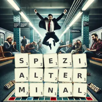Kreative Illustration für ein Scrabble-Spiel, bei dem das Wort SPEZIALTERMINAL mit Steinen auf dem Brett gelegt wurde.