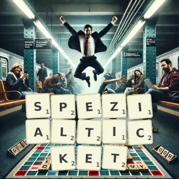 Kreative Illustration für ein Scrabble-Spiel, bei dem das Wort SPEZIALTICKET mit Steinen auf dem Brett gelegt wurde.