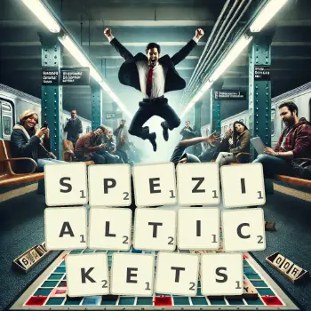 Kreative Illustration für ein Scrabble-Spiel, bei dem das Wort SPEZIALTICKETS mit Steinen auf dem Brett gelegt wurde.