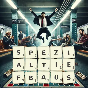 Kreative Illustration für ein Scrabble-Spiel, bei dem das Wort SPEZIALTIEFBAUS mit Steinen auf dem Brett gelegt wurde.