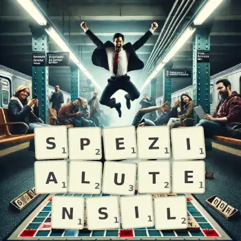 Kreative Illustration für ein Scrabble-Spiel, bei dem das Wort SPEZIALUTENSIL mit Steinen auf dem Brett gelegt wurde.