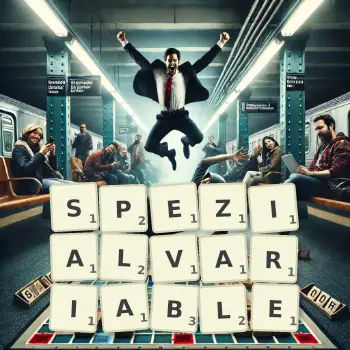 Kreative Illustration für ein Scrabble-Spiel, bei dem das Wort SPEZIALVARIABLE mit Steinen auf dem Brett gelegt wurde.