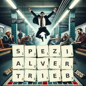 Kreative Illustration für ein Scrabble-Spiel, bei dem das Wort SPEZIALVERTRIEB mit Steinen auf dem Brett gelegt wurde.