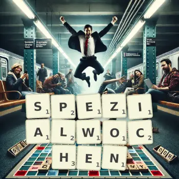 Kreative Illustration für ein Scrabble-Spiel, bei dem das Wort SPEZIALWOCHEN mit Steinen auf dem Brett gelegt wurde.