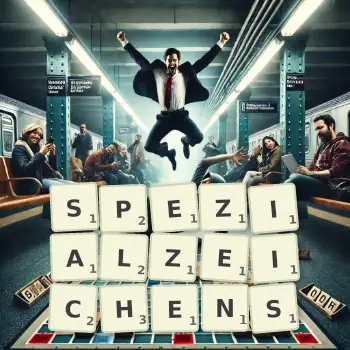 Kreative Illustration für ein Scrabble-Spiel, bei dem das Wort SPEZIALZEICHENS mit Steinen auf dem Brett gelegt wurde.