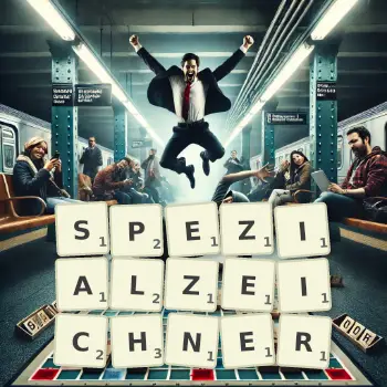 Kreative Illustration für ein Scrabble-Spiel, bei dem das Wort SPEZIALZEICHNER mit Steinen auf dem Brett gelegt wurde.