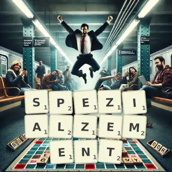 Kreative Illustration für ein Scrabble-Spiel, bei dem das Wort SPEZIALZEMENT mit Steinen auf dem Brett gelegt wurde.
