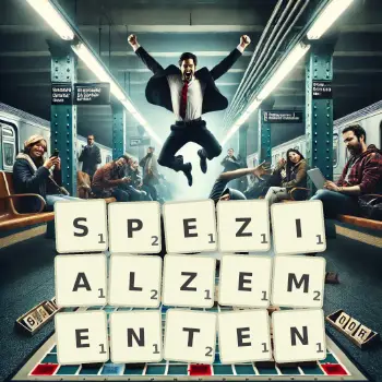 Kreative Illustration für ein Scrabble-Spiel, bei dem das Wort SPEZIALZEMENTEN mit Steinen auf dem Brett gelegt wurde.