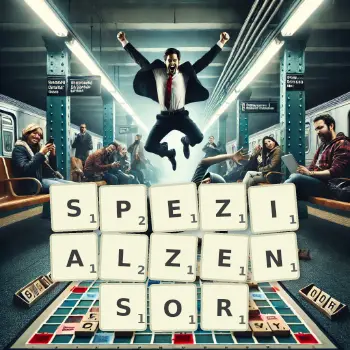 Kreative Illustration für ein Scrabble-Spiel, bei dem das Wort SPEZIALZENSOR mit Steinen auf dem Brett gelegt wurde.