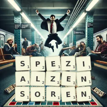 Kreative Illustration für ein Scrabble-Spiel, bei dem das Wort SPEZIALZENSOREN mit Steinen auf dem Brett gelegt wurde.