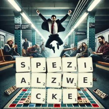 Kreative Illustration für ein Scrabble-Spiel, bei dem das Wort SPEZIALZWECKE mit Steinen auf dem Brett gelegt wurde.