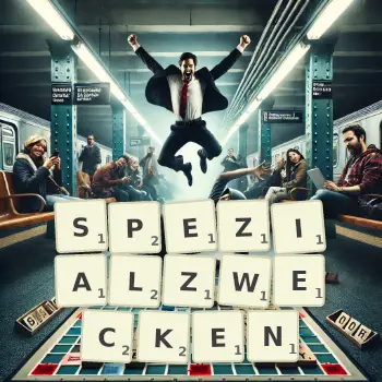 Kreative Illustration für ein Scrabble-Spiel, bei dem das Wort SPEZIALZWECKEN mit Steinen auf dem Brett gelegt wurde.