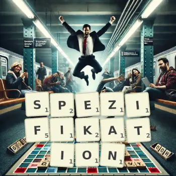 Kreative Illustration für ein Scrabble-Spiel, bei dem das Wort SPEZIFIKATION mit Steinen auf dem Brett gelegt wurde.